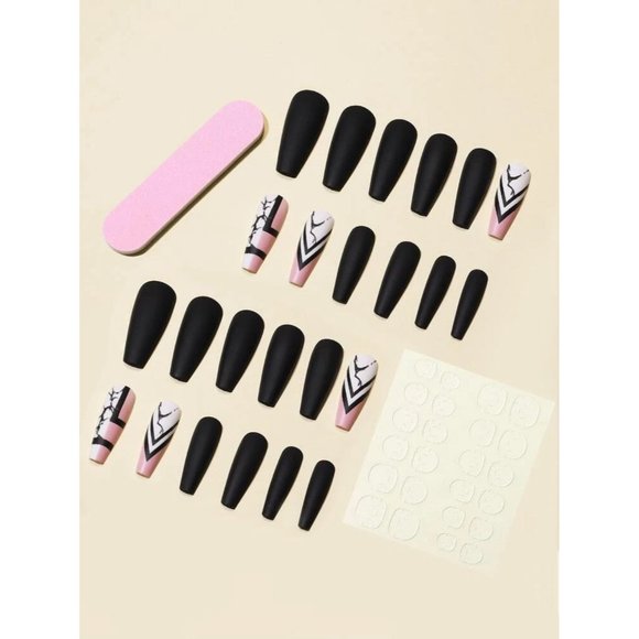 Black and Pink Marble Coffin Shaped Nails - Picture 4 of 4